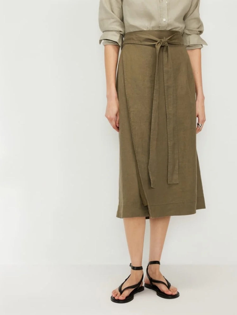 Everlane The Linen Wrap Skirt in Kalamata Olive Green Midi Tie Belt Lined Sz 6